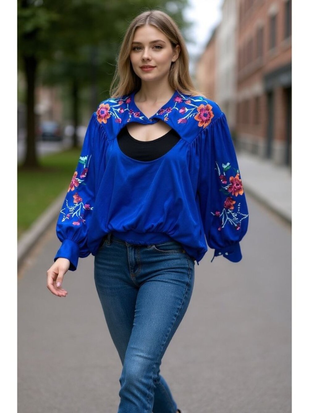 Free People Top Sz XS Lita Floral Embroidered Blouse Balloon Sleeve Cotton Linen